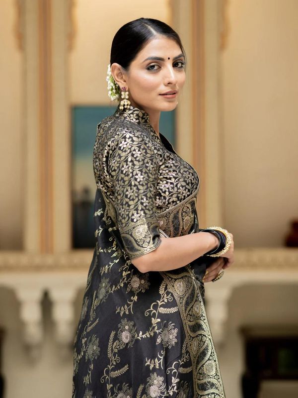 Black Banarasi Soft Silk Saree with Golden Floral Weaving
