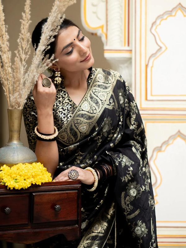 Black Banarasi Soft Silk Saree with Golden Floral Weaving