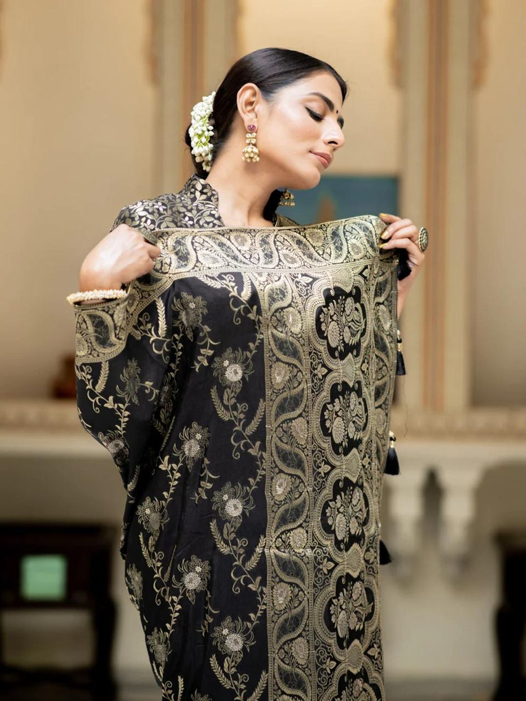 Black Banarasi Soft Silk Saree with Golden Floral Weaving