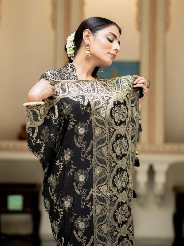 Black Banarasi Soft Silk Saree with Golden Floral Weaving