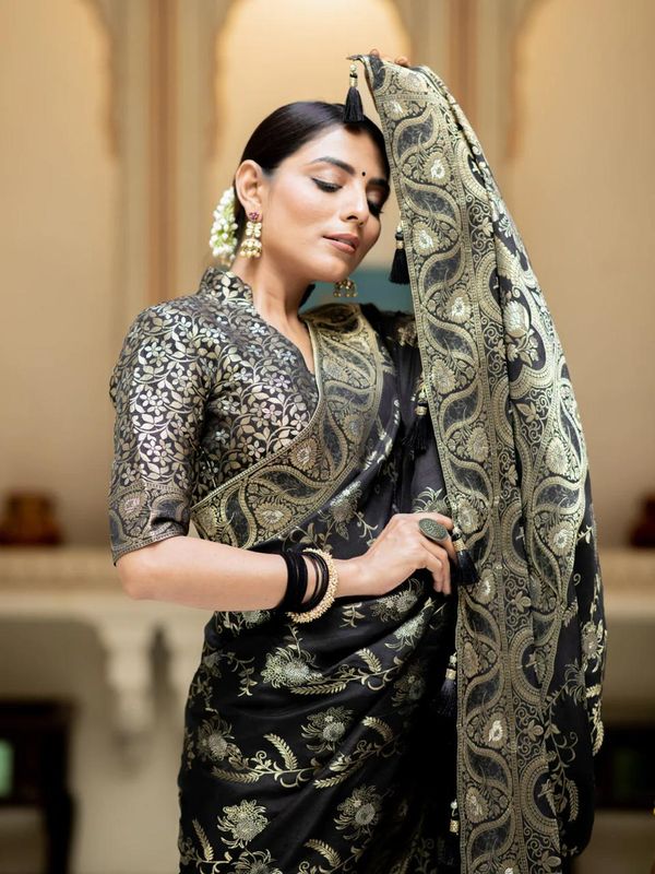 Black Banarasi Soft Silk Saree with Golden Floral Weaving