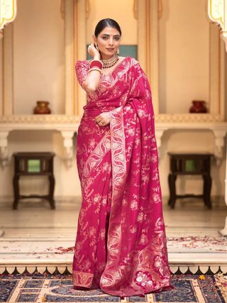 Magenta Pink Banarasi Soft Silk Saree with Golden Floral Zari