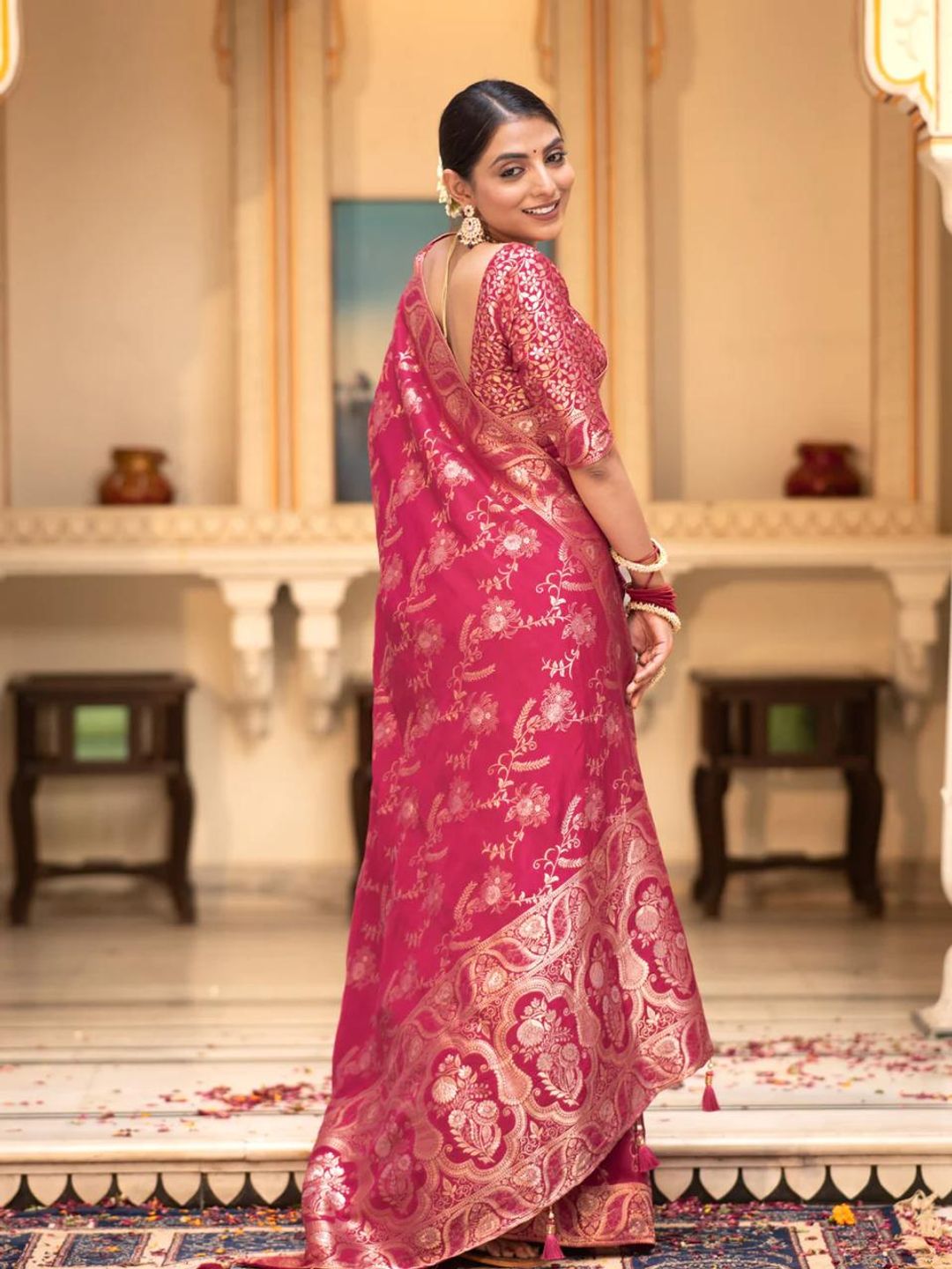 Magenta Pink Banarasi Soft Silk Saree with Golden Floral Zari