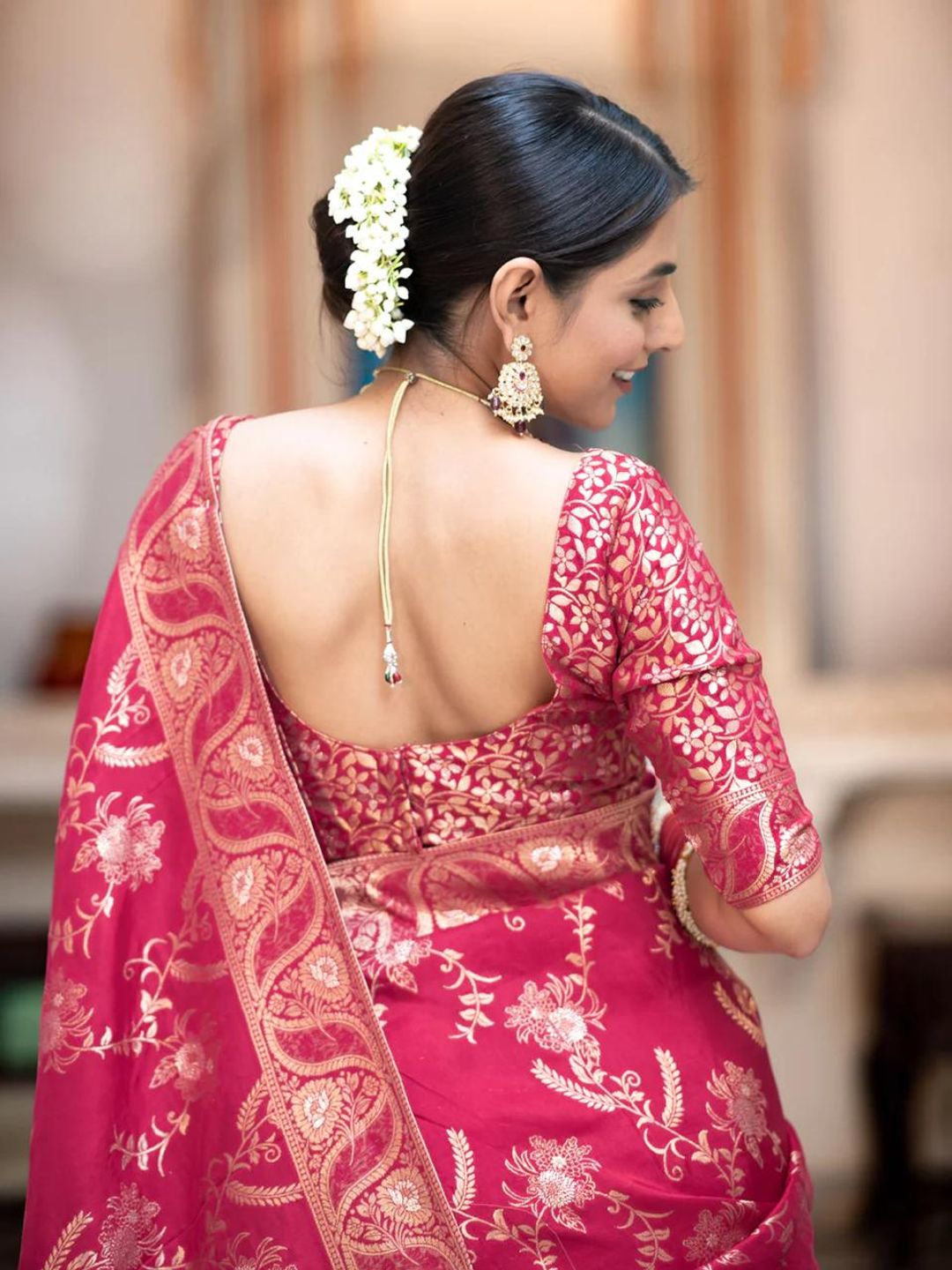 Magenta Pink Banarasi Soft Silk Saree with Golden Floral Zari