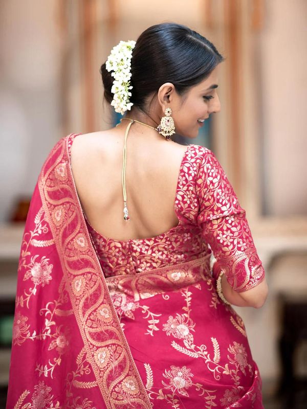 Magenta Pink Banarasi Soft Silk Saree with Golden Floral Zari