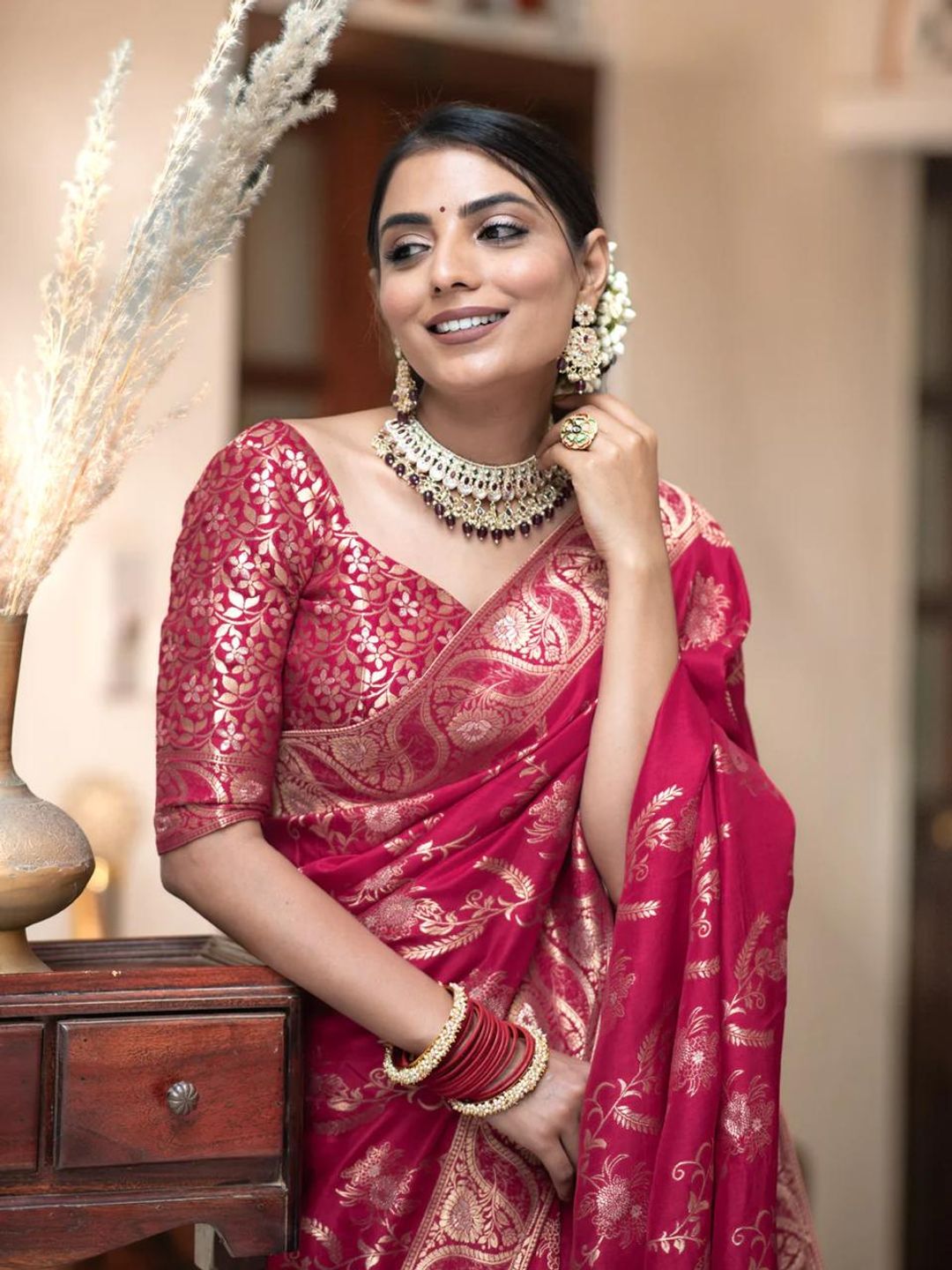Magenta Pink Banarasi Soft Silk Saree with Golden Floral Zari