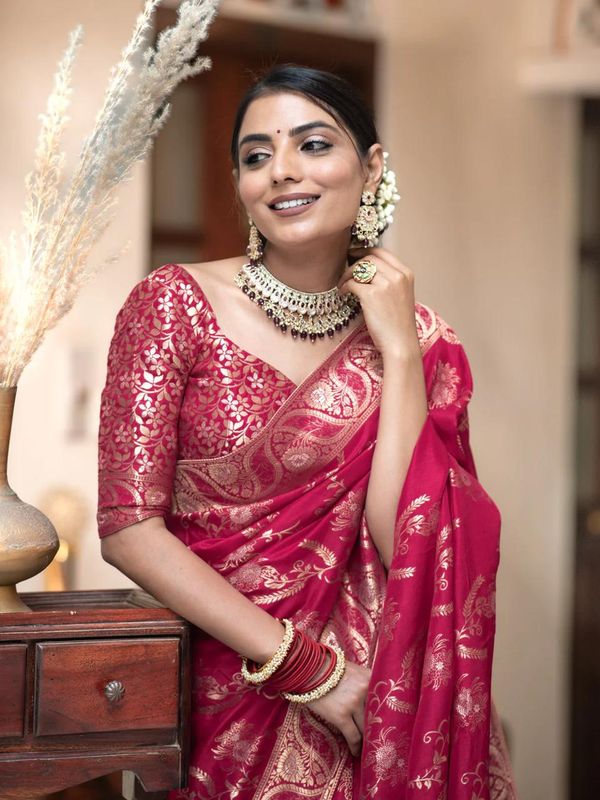 Magenta Pink Banarasi Soft Silk Saree with Golden Floral Zari