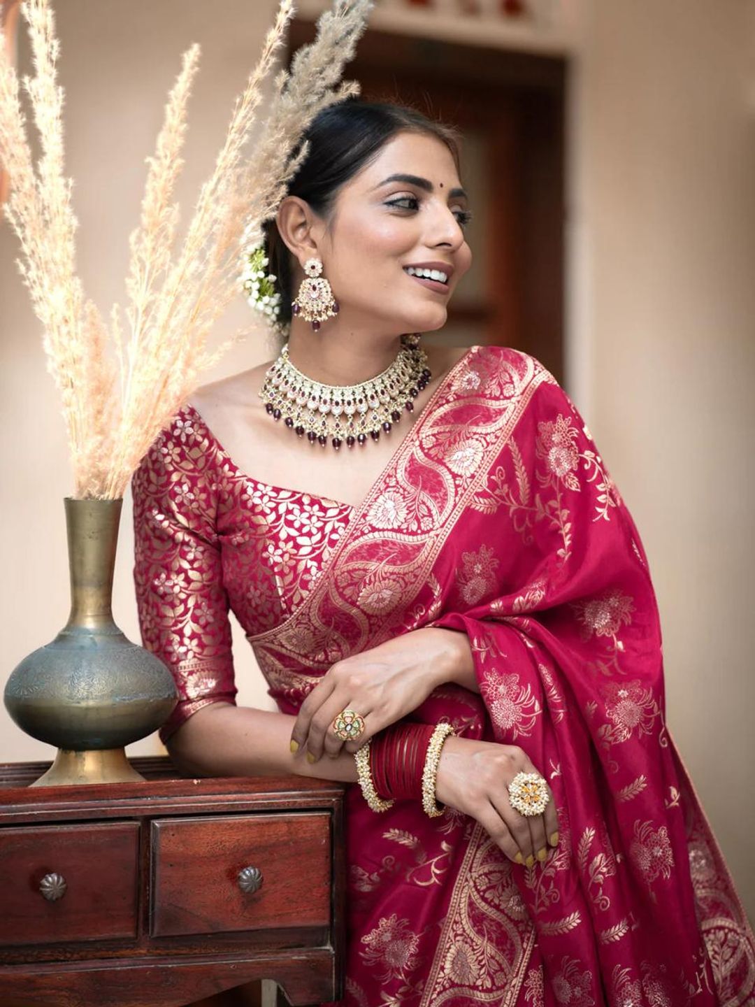 Magenta Pink Banarasi Soft Silk Saree with Golden Floral Zari