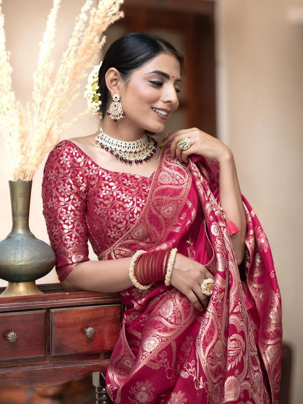Magenta Pink Banarasi Soft Silk Saree with Golden Floral Zari