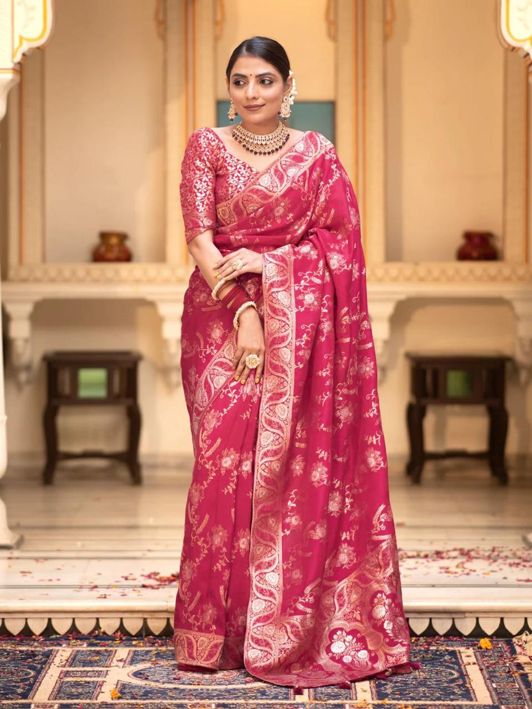 Magenta Pink Banarasi Soft Silk Saree with Golden Floral Zari