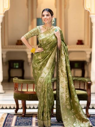 Olive Green Banarasi Soft Silk Saree with Golden Floral Weave