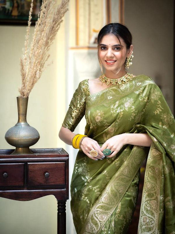 Olive Green Banarasi Soft Silk Saree with Golden Floral Weave