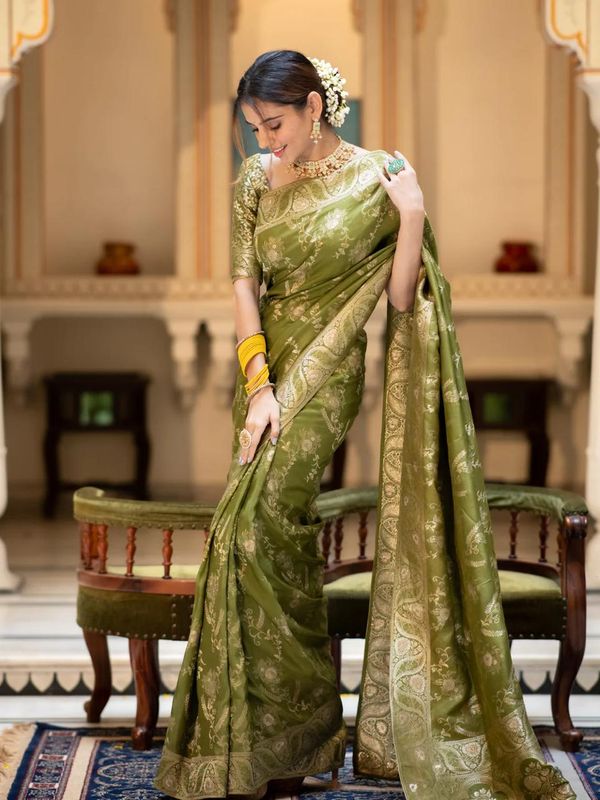 Olive Green Banarasi Soft Silk Saree with Golden Floral Weave