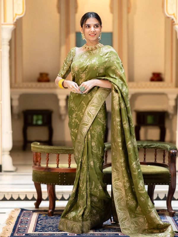 Olive Green Banarasi Soft Silk Saree with Golden Floral Weave