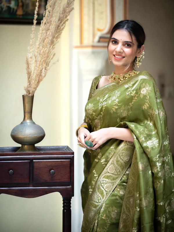 Olive Green Banarasi Soft Silk Saree with Golden Floral Weave