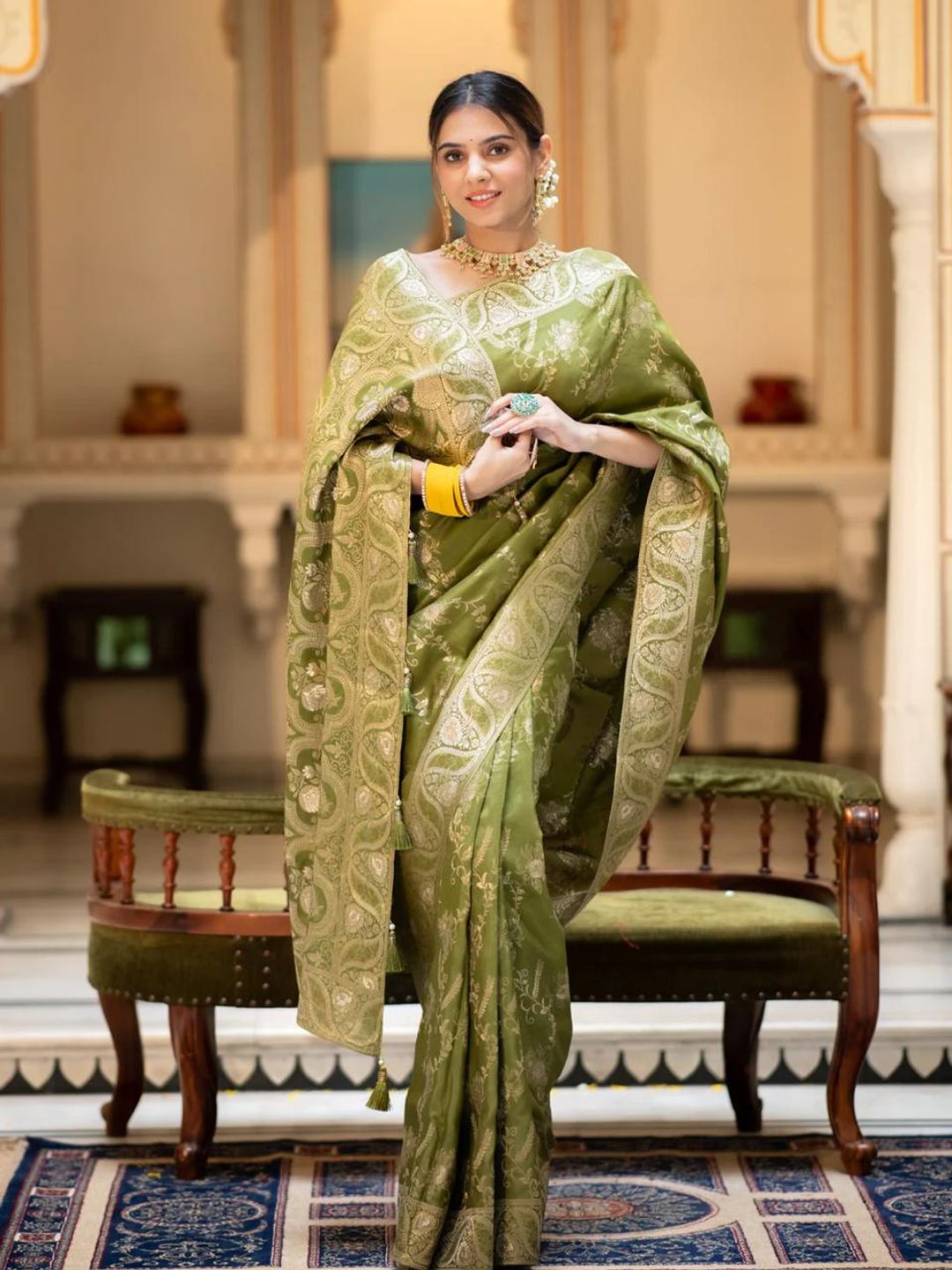 Olive Green Banarasi Soft Silk Saree with Golden Floral Weave