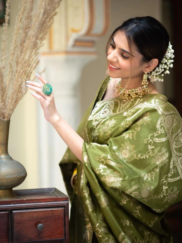Olive Green Banarasi Soft Silk Saree with Golden Floral Weave