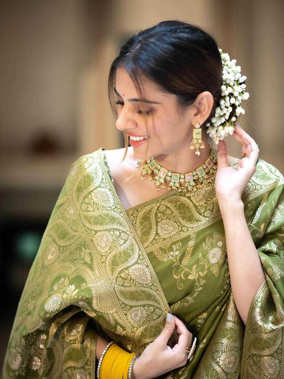 Olive Green Banarasi Soft Silk Saree with Golden Floral Weave
