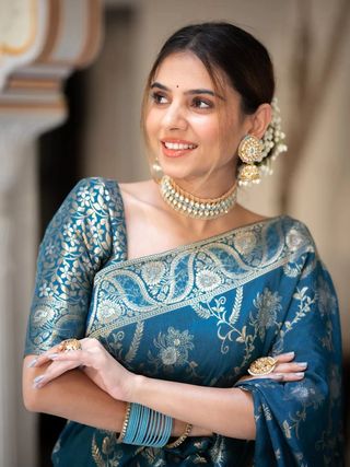 Royal Teal Blue Banarasi Soft Silk Saree with Zari Floral Weave