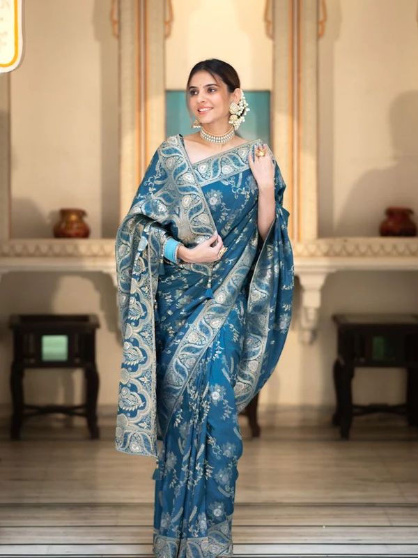 Royal Teal Blue Banarasi Soft Silk Saree with Zari Floral Weave