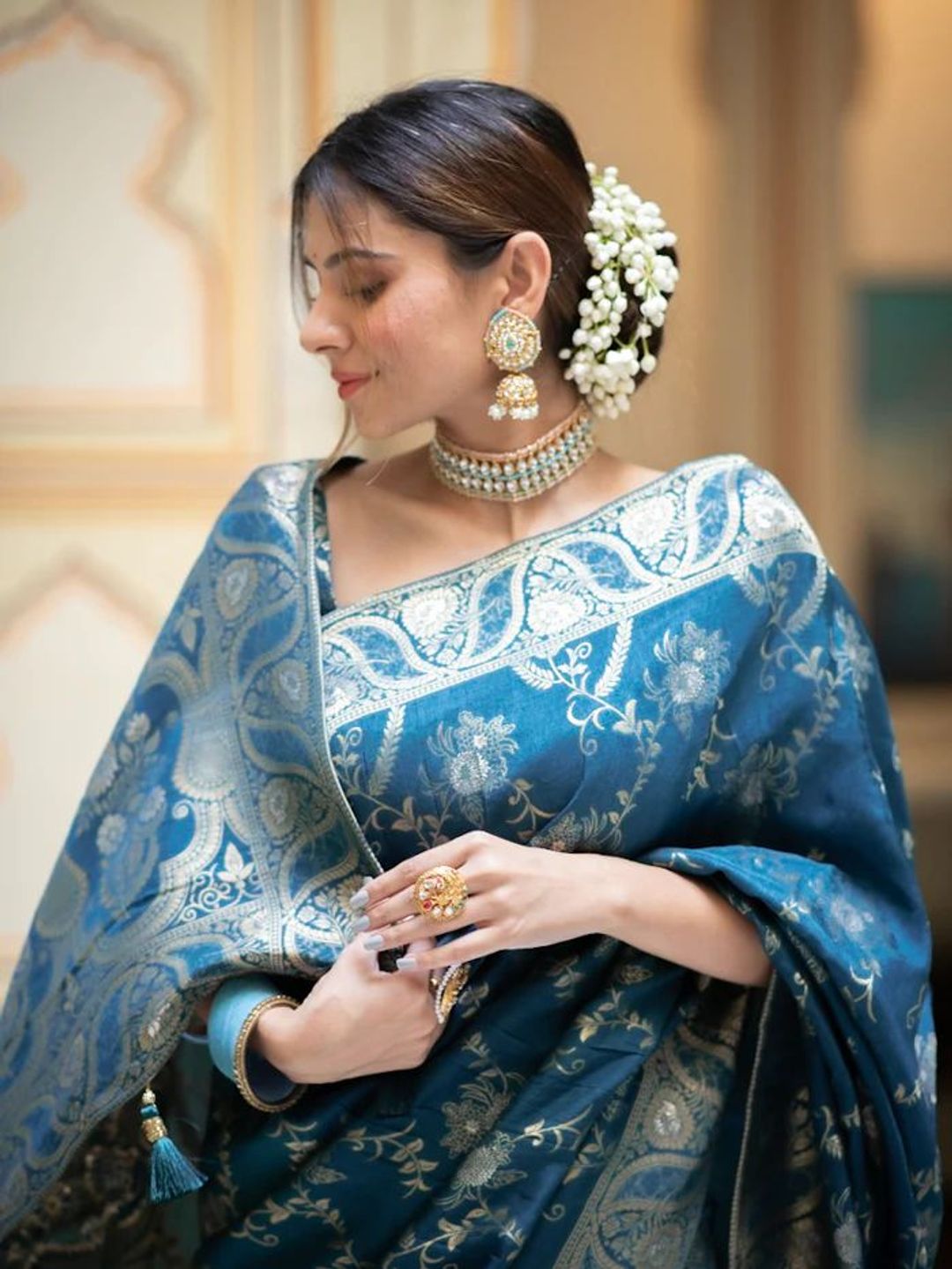Royal Teal Blue Banarasi Soft Silk Saree with Zari Floral Weave