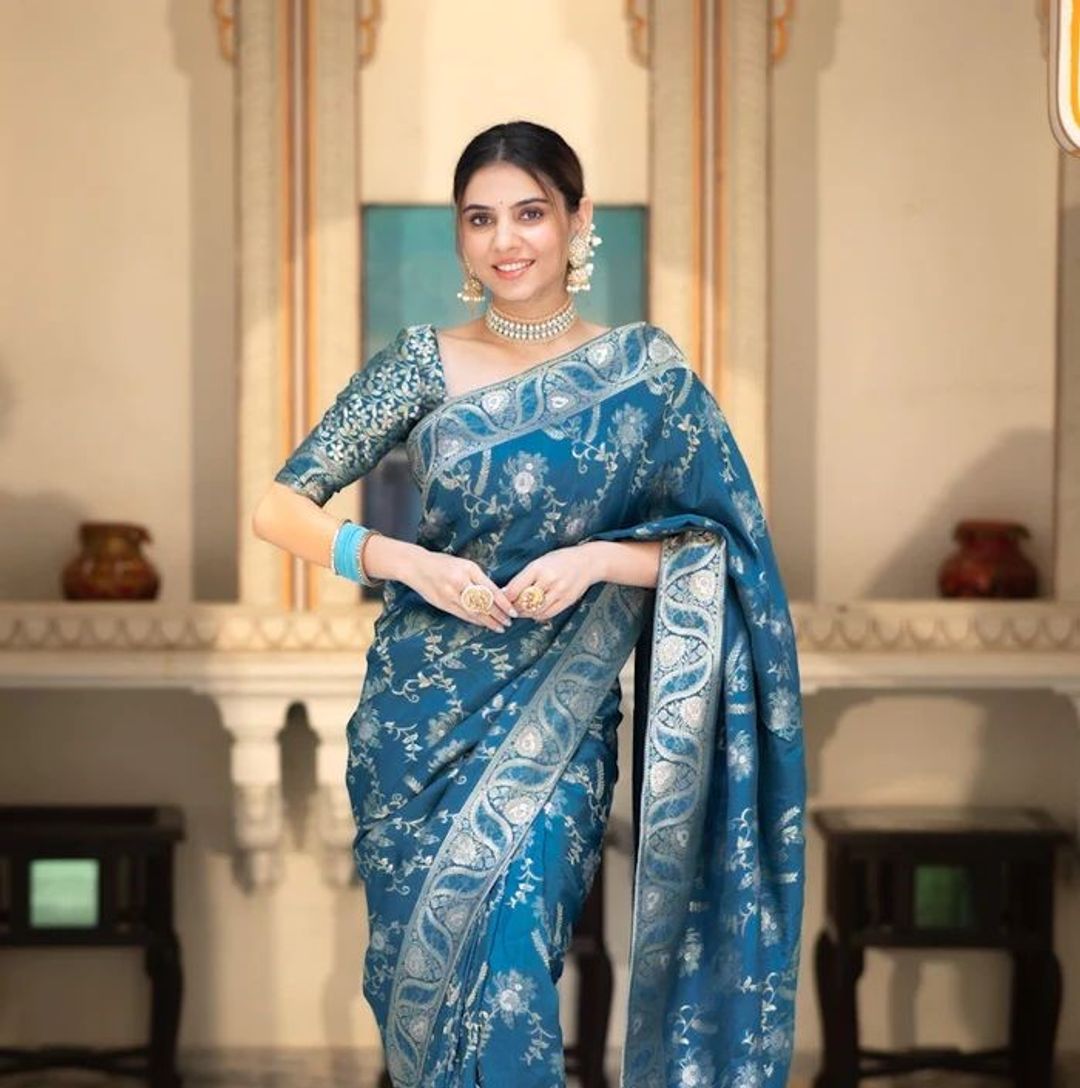Royal Teal Blue Banarasi Soft Silk Saree with Zari Floral Weave