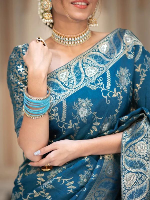 Royal Teal Blue Banarasi Soft Silk Saree with Zari Floral Weave