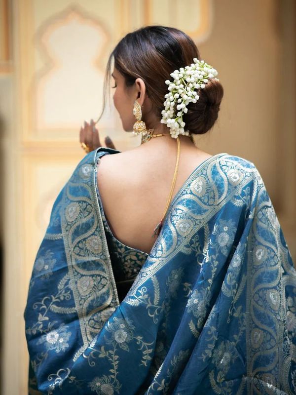 Royal Teal Blue Banarasi Soft Silk Saree with Zari Floral Weave