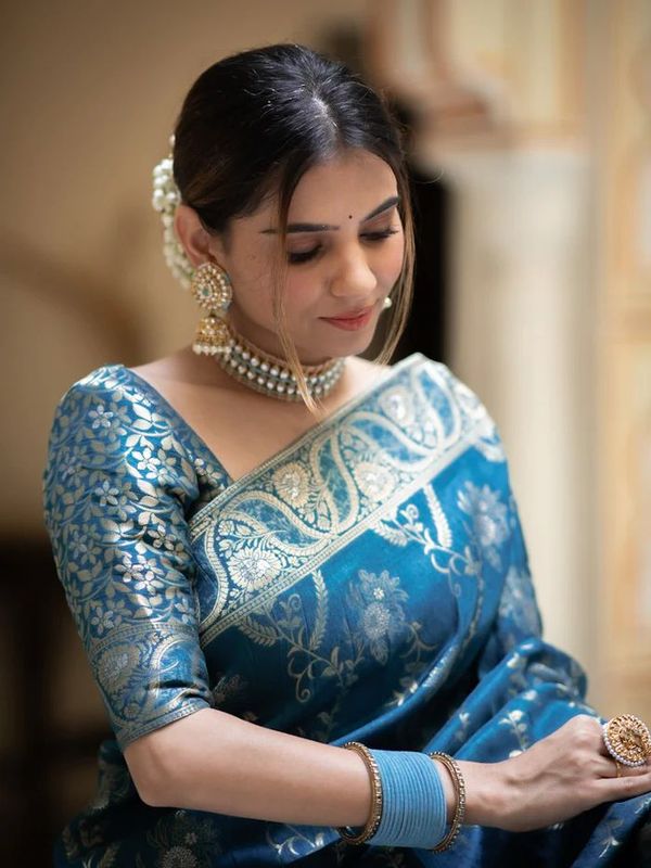Royal Teal Blue Banarasi Soft Silk Saree with Zari Floral Weave