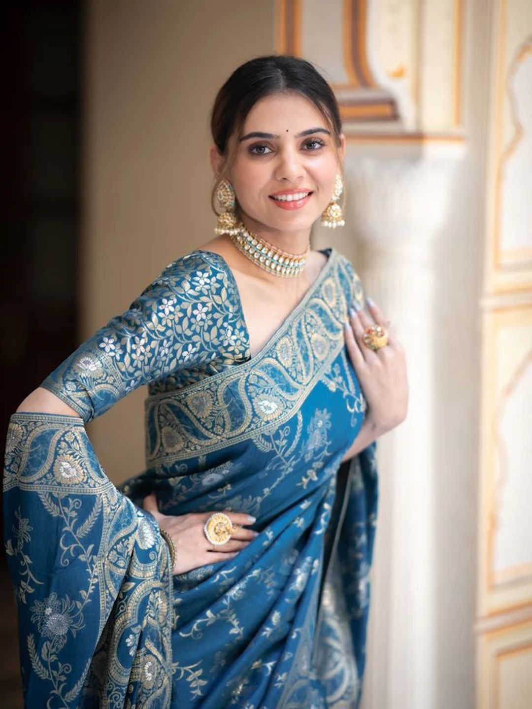 Royal Teal Blue Banarasi Soft Silk Saree with Zari Floral Weave