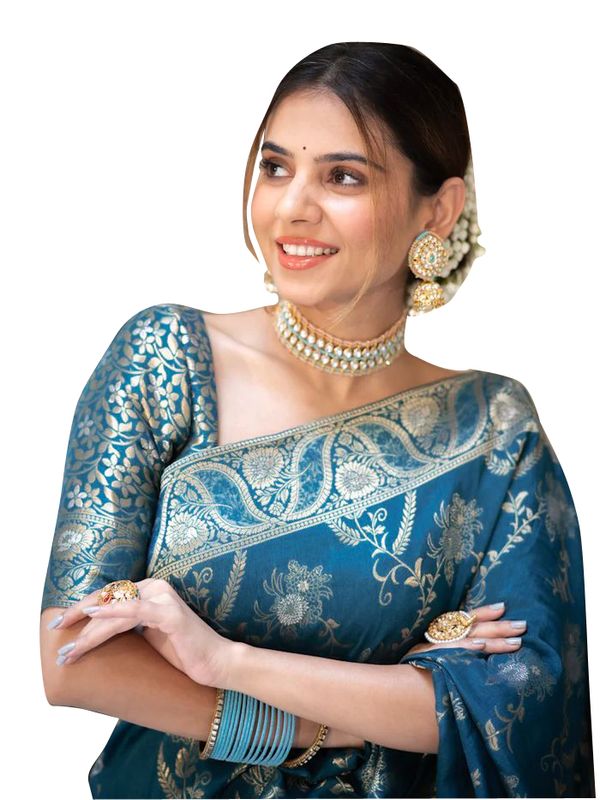 Royal Teal Blue Banarasi Soft Silk Saree with Zari Floral Weave