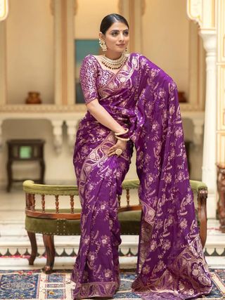 Purple Floral Zari Banarasi Soft Silk Saree for Weddings