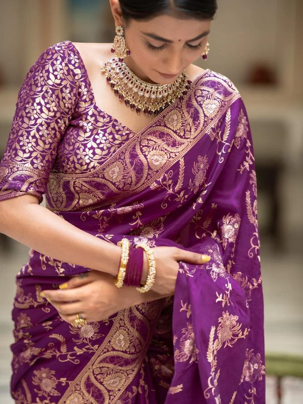 Purple Floral Zari Banarasi Soft Silk Saree for Weddings