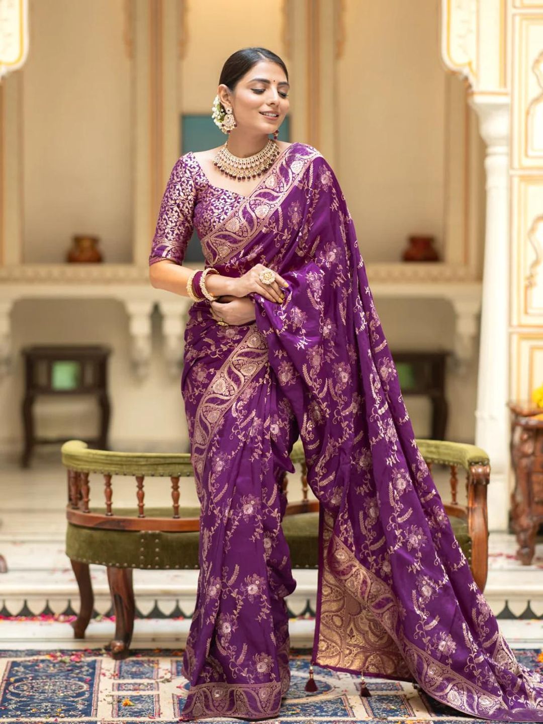 Purple Floral Zari Banarasi Soft Silk Saree for Weddings