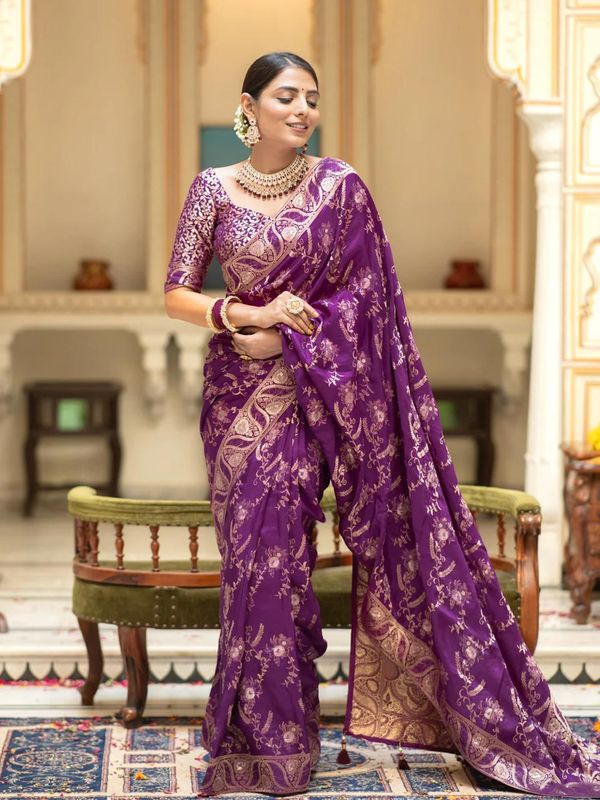 Purple Floral Zari Banarasi Soft Silk Saree for Weddings