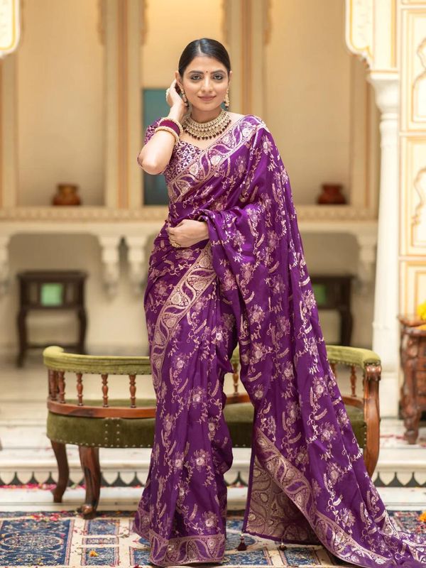 Purple Floral Zari Banarasi Soft Silk Saree for Weddings