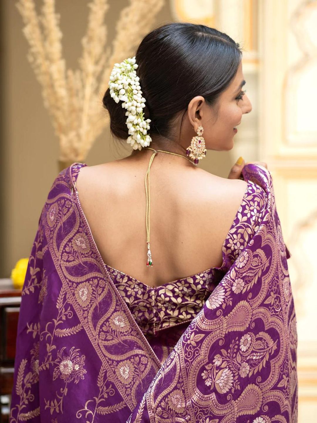 Purple Floral Zari Banarasi Soft Silk Saree for Weddings