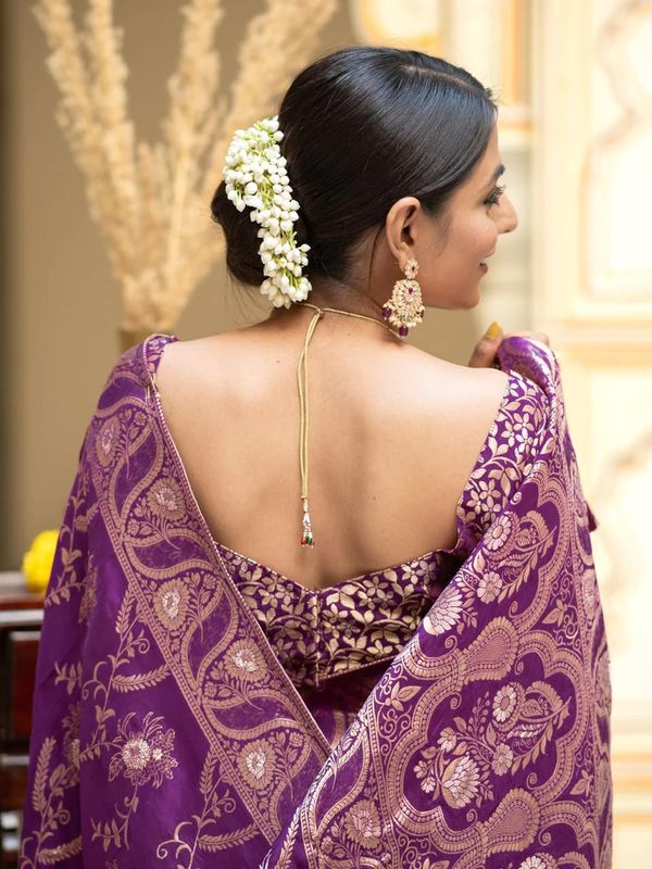 Purple Floral Zari Banarasi Soft Silk Saree for Weddings