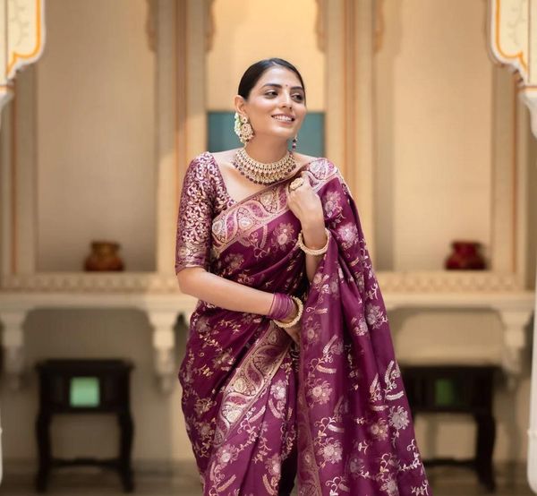 Purple Floral Zari Banarasi Soft Silk Saree for Weddings