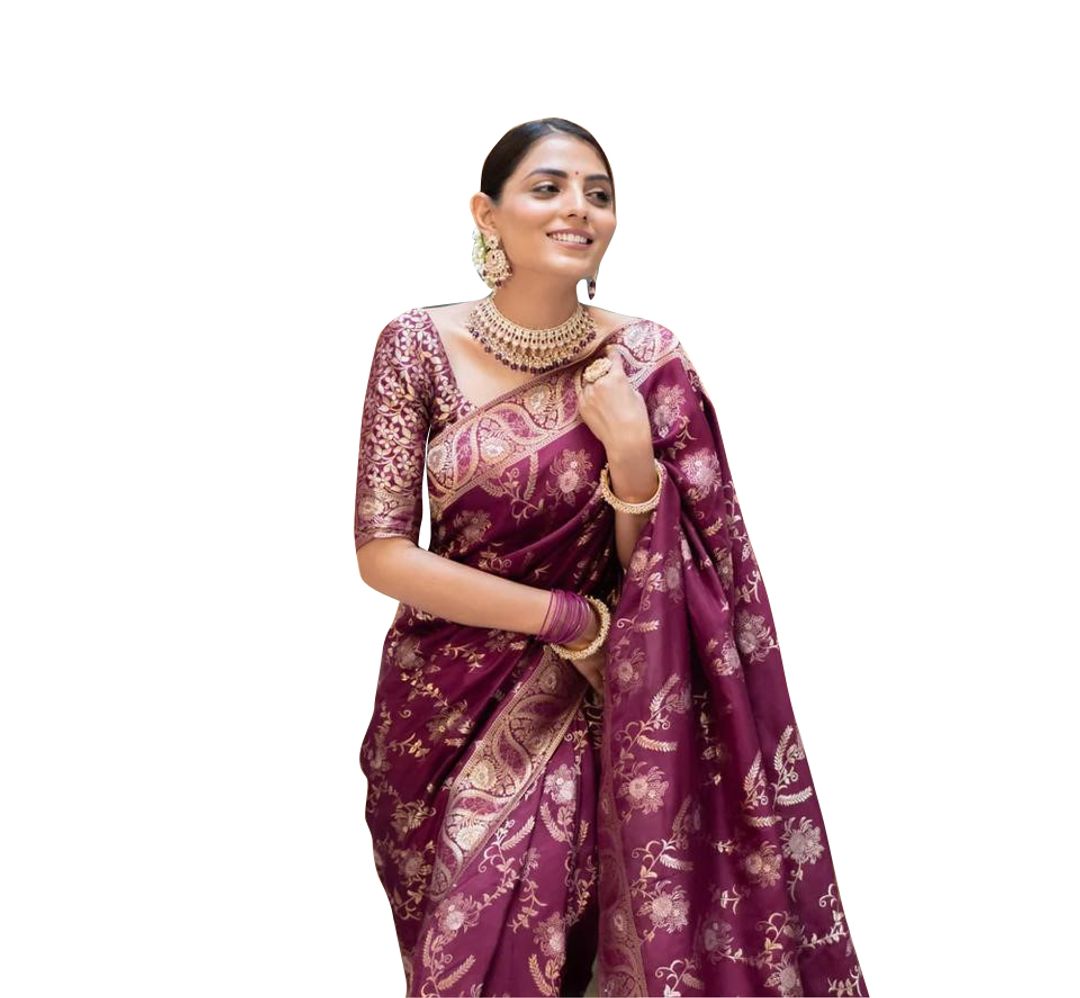 Purple Floral Zari Banarasi Soft Silk Saree for Weddings