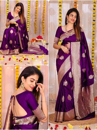 Deep Purple Banarasi Silk Saree with Golden Woven Border