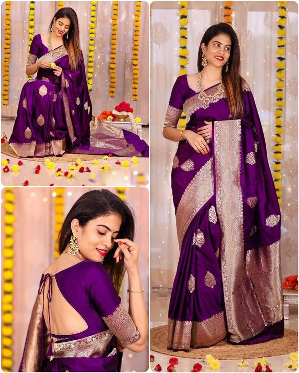 Deep Purple Banarasi Silk Saree with Golden Woven Border