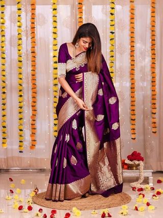 Deep Purple Banarasi Silk Saree with Golden Woven Border