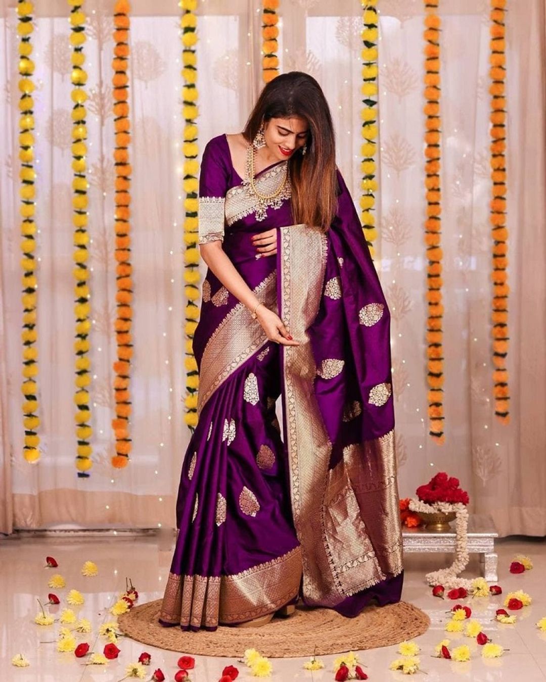 Deep Purple Banarasi Silk Saree with Golden Woven Border