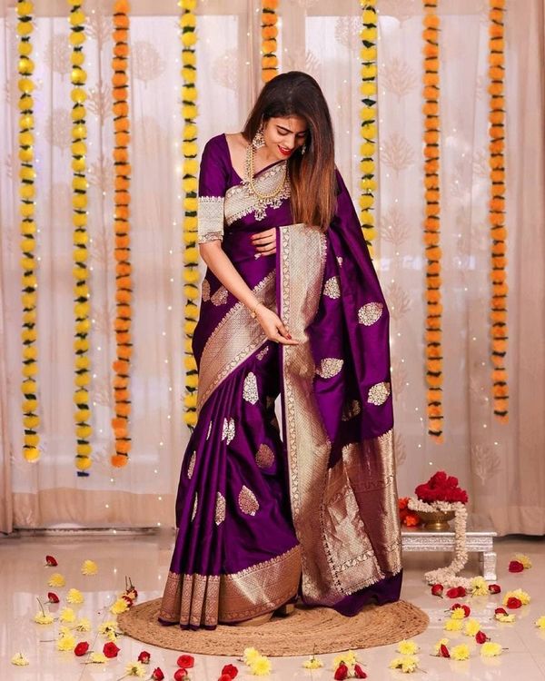 Deep Purple Banarasi Silk Saree with Golden Woven Border