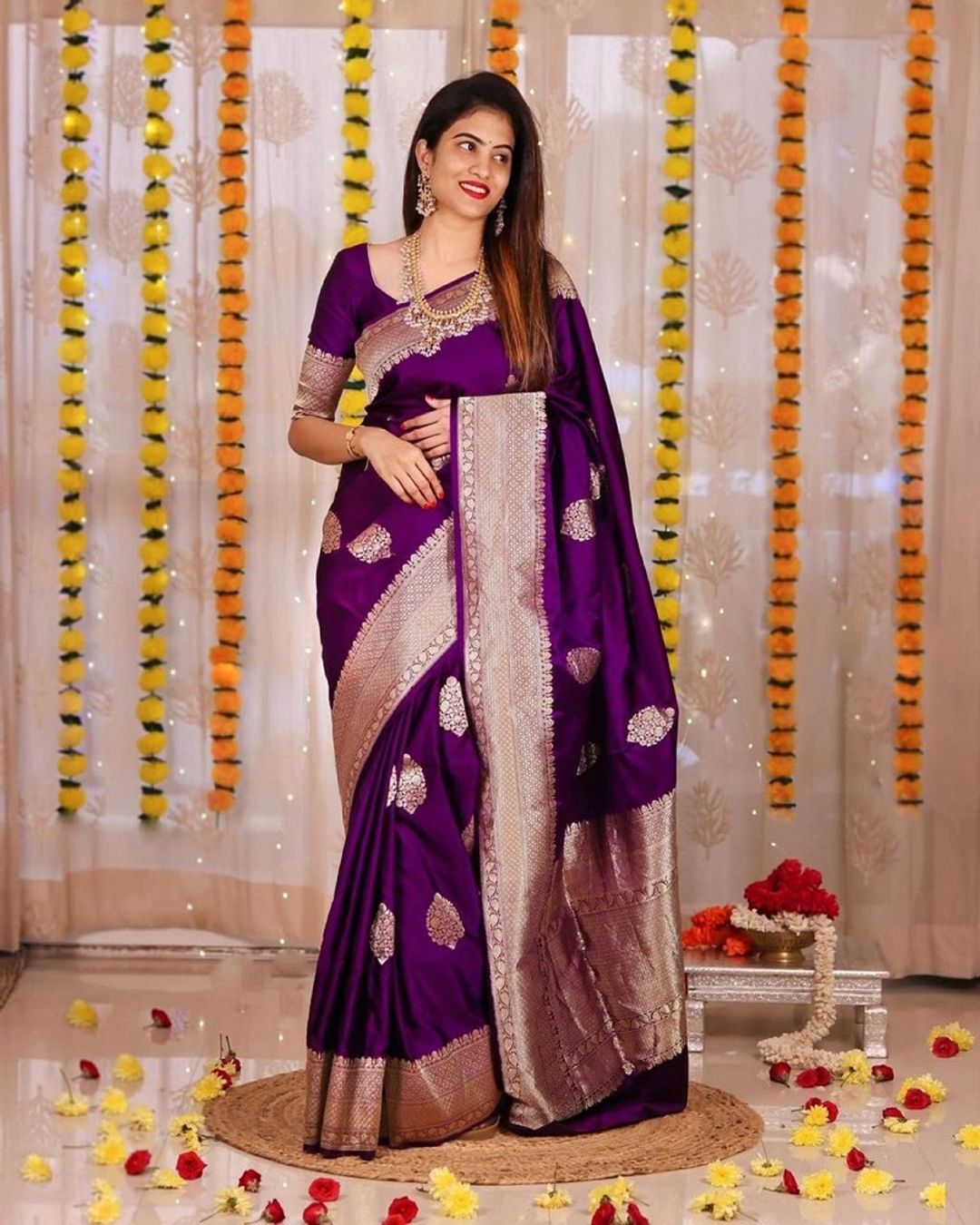 Deep Purple Banarasi Silk Saree with Golden Woven Border