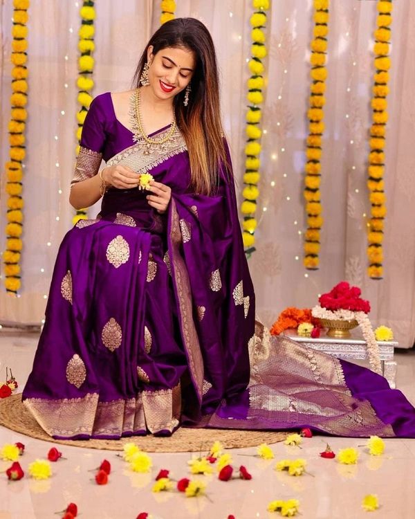 Deep Purple Banarasi Silk Saree with Golden Woven Border