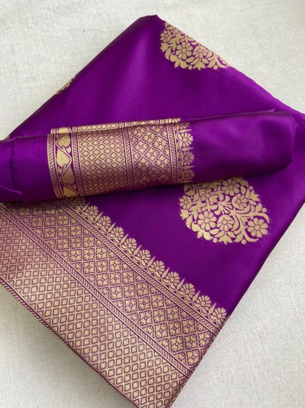 Deep Purple Banarasi Silk Saree with Golden Woven Border