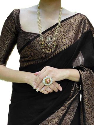 Black Banarasi Soft Silk Saree with Antique Gold Border
