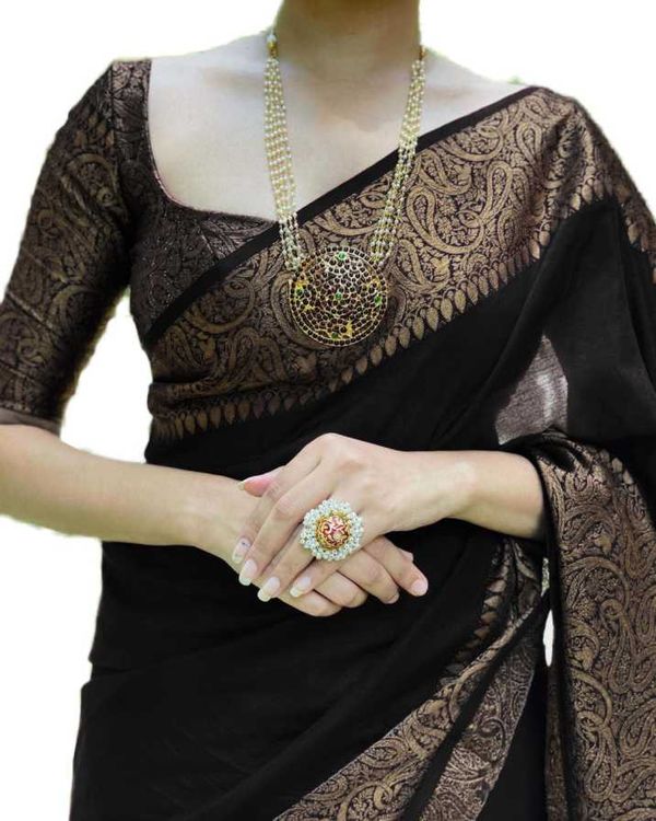 Black Banarasi Soft Silk Saree with Antique Gold Border
